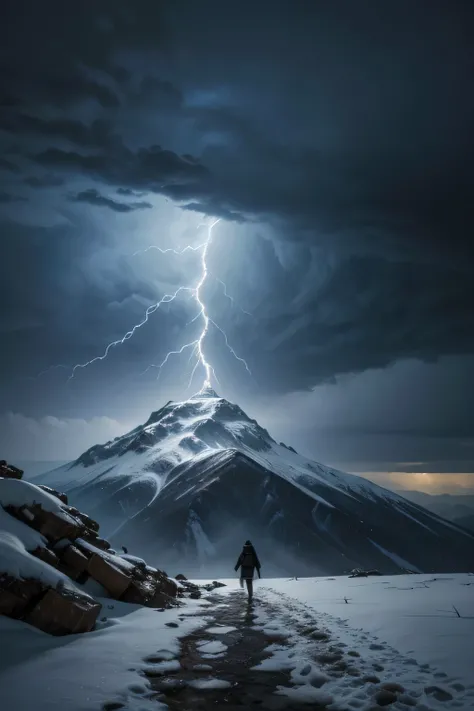 
Imagine a scene on a snow-covered mountain during a heavy storm.. En el centro de la imagen, a lone person fights against the relentless force of nature. She is dressed in heavy winter clothes, with a hood partially covering the face, showing signs of exh...