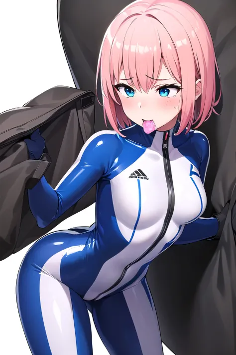 1 girl,boyish, very short hair, pink Hair, medium Breasts, glossy tight zero suit , glossy rubber suit,Cowboy Shot,blush,sexy face,blue eyes,front leg pose,Tight fit,clearly,Striped pattern, (white background:1.3), naughty face, sucking on a condom bag , (...