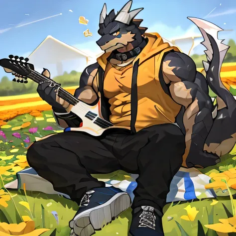 dragon,guitar,有一条黑dragonIn the flower fields演奏guitar, Play bass,sports tall handsome guys, Big abdominal muscles, muscular, 1 boy, Solitary, Golden Eyes,Wear casual suits(Wearing an orange hoodie), Handsome,(Face clarity),Collar Dog, In the flower fields,A...