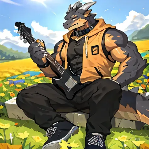 dragon,guitar,有一条黑dragonIn the flower fields演奏guitar, Play bass,sports tall handsome guys, Big abdominal muscles, muscular, 1 boy, Solitary, Golden Eyes,Wear casual suits(Wearing an orange hoodie), Handsome,(Face clarity),Collar Dog, In the flower fields,A...