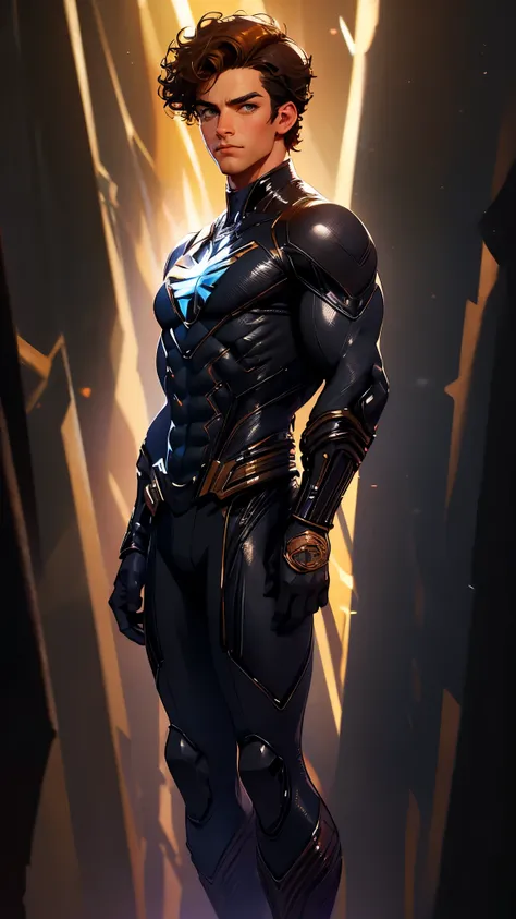 envision a 8k, highres, cinematic, detailed, semi realistic full body pinup of a handsome young Man, a skinny body, clean shaved, and curly brown hair, brown eyes, black tight suit, black bolt, marvel, (((1boy))), in dark lighting, against a dark backgroun...