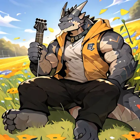 dragon,guitar,有一条黑dragonIn the flower fields演奏guitar, Play bass,sports tall handsome guys, Big abdominal muscles, muscular, 1 boy, Solitary, Golden Eyes,Wear casual suits(Wearing an orange hoodie), Handsome,(Face clarity),Collar Dog, In the flower fields,A...