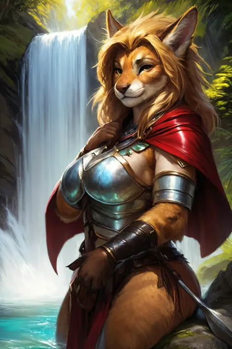 fantasy character with long blonde hair, furry ears, and armored attire, including a silver chest plate and arm guards. She is also wearing a red cape and appears to be standing in a heroic pose with one hand clasped to her chest. Her other hand rests near...