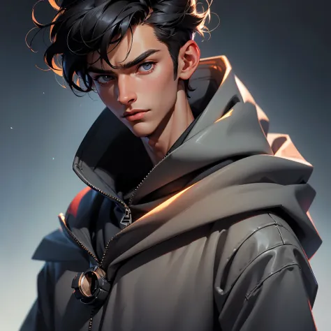 envision a 8k, highres, cinematic, detailed, semi realistic close up face pinup of a handsome young Man, a skinny body, clean shaved, and short black hair, gray eyes, hoodie, (((1boy))), in dark lighting, against a dark background