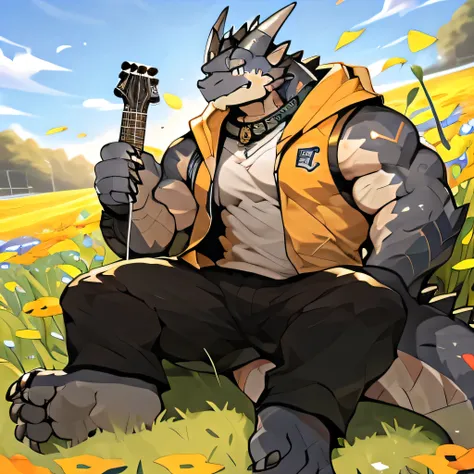 dragon,guitar,有一条黑dragonIn the flower fieldsguitar, Play bass,sports tall handsome guys, Big abdominal muscles, muscular, 1 boy, Solitary, Golden Eyes,Wear casual suits(Wearing an orange hoodie), Handsome,(Face clarity),Collar Dog, In the flower fields,A f...