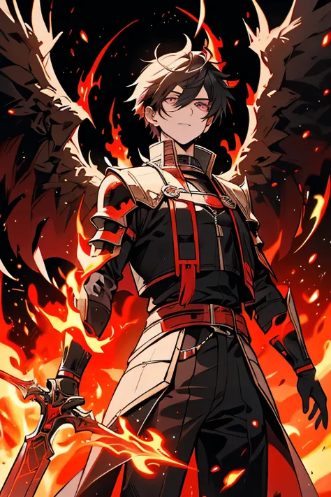 male protagonist with fire god powers, surrounded by intense flames forming wings, standing in front of massive rift in the sky, glowing energy cracks, ancient godlike beings imprisoned behind the rift, dark and powerful atmosphere, female protagonist stan...