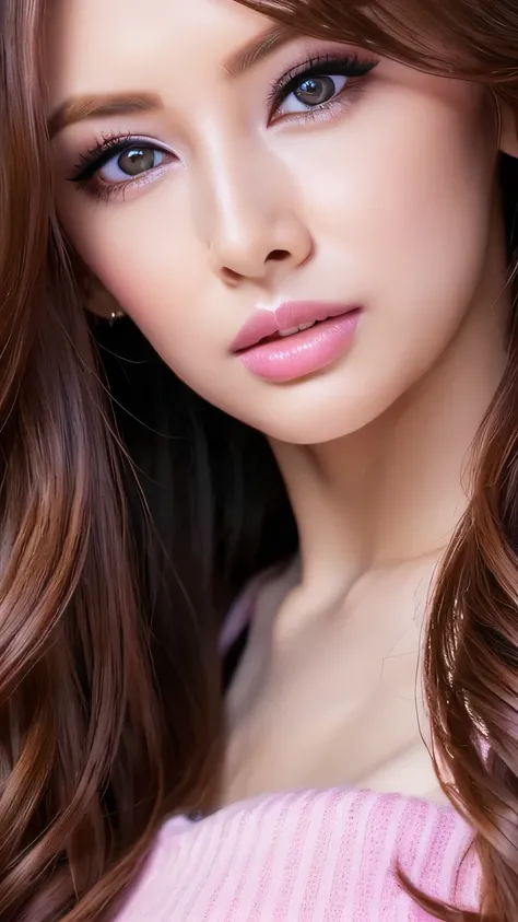 ((Highest quality, 超High resolution、The most complex and detailed depiction))、(Bright lighting:1.1)、(Beautiful woman:1.1)、(Long Wavy Hair:1.05), (Accurate anatomy:1.1)、Colored contact lenses、Perfect Makeup、Pink lipstick、Highly saturated eyeshadow、Unparalle...