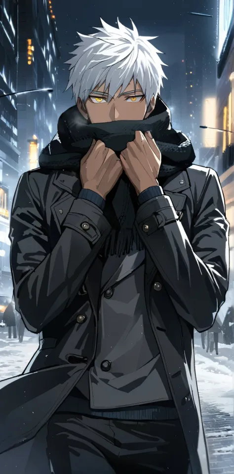 1 2 boy, short white hair, skin tanned, muscled body, black overcoat, cold city, neve, hands on scarf covering mouth, yellow  eyes