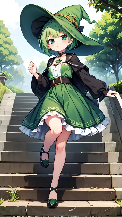 Girl with short green hair, witch clothes, green witch hat, climbing stairs, happy, marcial kingdom background 