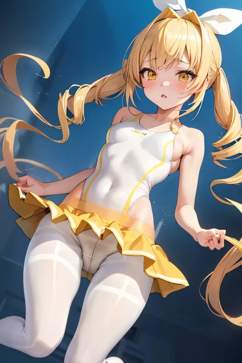 (Highest quality:1.2),  alone, One woman, Tomomi, blonde hair, drill hair, twin drills, (yellow eyes:1.3)、(blush:1.1), Embarrassing, View your viewers, (((White competitive swimsuit)))、((((pantyhose))))、((Photo from below))、((High leg))、