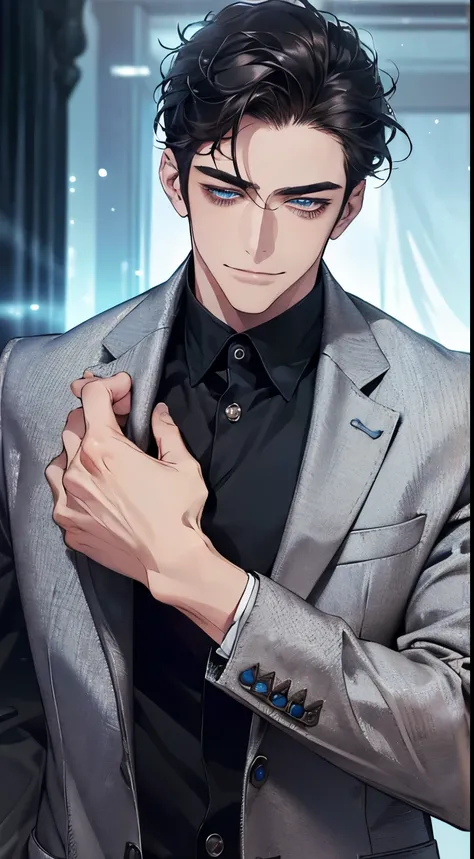 (best quality, masterpiece, 8K, photorealistic, cinematic lighting, 1:4 hdr image, ultra detailed, beautiful image), a mature man, very handsome, ((cold expression smile in love)), short black hair, blue eyes, face perfect without mistakes, ((buttoning his...