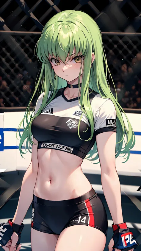 CC_Code Geass, Hair between the eyes, Very long hair 1 person, Bright light, glaring, alone, upper body shot, From above, Fighting, (masterpiece, Highest quality), 8k, Intricate details, (on MMA Arena :1.5), (wearing MMA uniform:1.5, white tops and black b...