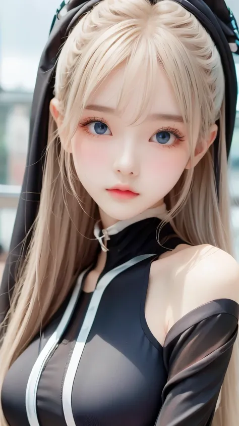 detailed face, track Black-suit, platinum blonde silk super long straight hair, beautiful shiny bangs, big clear sky blue eyes, very beautiful bright eye highlights