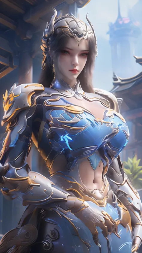 MASTERPIECE, BEST QUALITY, 1GIRL, CLOSE UP UPPER BODY, COWBOY SHOT PORTRAIT, ((DRAGON QUEEN HELM:1.5)), (GIGANTIC ROUND BREASTS,CLEAVAGE EXPOSED,ABS:1.5), ((WEARING OUTFIT MECHA BLUE DARK EVIL ARMOR OVERWATCH:1.5)), (OILED MUSCULAR THICC BODY:1.5), (CLEAN ...
