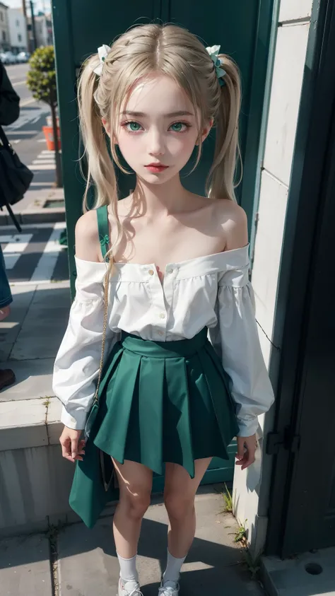 Off-shoulder with beautiful collarbone、(((masterpiece))), best quality, illustration, (teenage girl), 1girl with white long hair, beautiful detailed green eyes, white long straight hair, ((low twintails)), ((cute)), (petite), slim, solo, solo focus, shirt,...