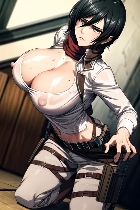 (masterpiece, best quality:1.2), high resolution, intricate details, extremely detailed, cinematic lighting,
full body, (view from below:1.2), looking at viewer,
solo, 1girl, a Japanese young female as Mikasa Ackerman, 
perfect face, beautiful face, 
black...