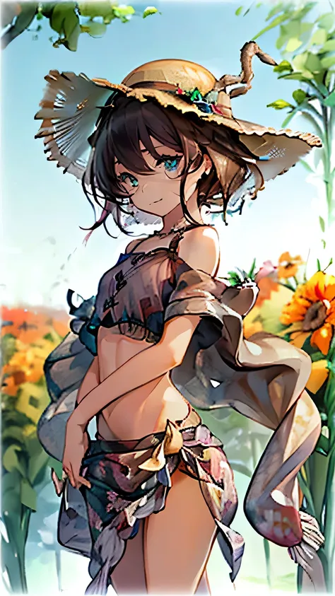 1girl, solo, bed of flowers, (brunette hair:1.2), (hazel-green eyes), almond shaped eyes, dark brown  wavy hair, narrow shoulder...