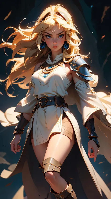 envision a 8k, highres, cinematic, beautiful full body Pinup of a sexy tribal woman with a slender muscular body, strong mature older face, (((long blonde hair))), side locks, Princess Mononoke, long bangs, blue eyes, ((Tribal armor)), leather skirt, long ...