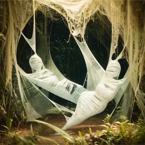 1 girl sitting on floor  in thick web, (cocoon:1.3), sun evening, struggle, silk everywhere, set within a cave