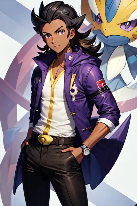 ((best quality)), ((masterpiece)), (detailed), ((male pokemon trainer)), ((dark skin)), ((purple coat)), black hair, wild hair, very long hair, watch, brown pants, black belt, hall background, 