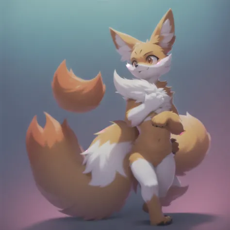 fluffy fur, fox, (yoyo:1.1), holding, feet, action pose, alone, (body hair:1.2), (best quality), (gradient background:1.2), studio lighting, (detailed fluffy fur:1.1), looking at viewer, animal hands, tail, string,