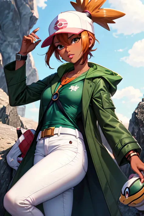 ((best quality)), ((masterpiece)), (detailed), ((female pokemon trainer)), ((dark skin)), ((green coat)), orange hair, short hair, watch, white pants, ((rock pants)), black belt, hall background, ((rock coat)), thick lips, perfect lips, 