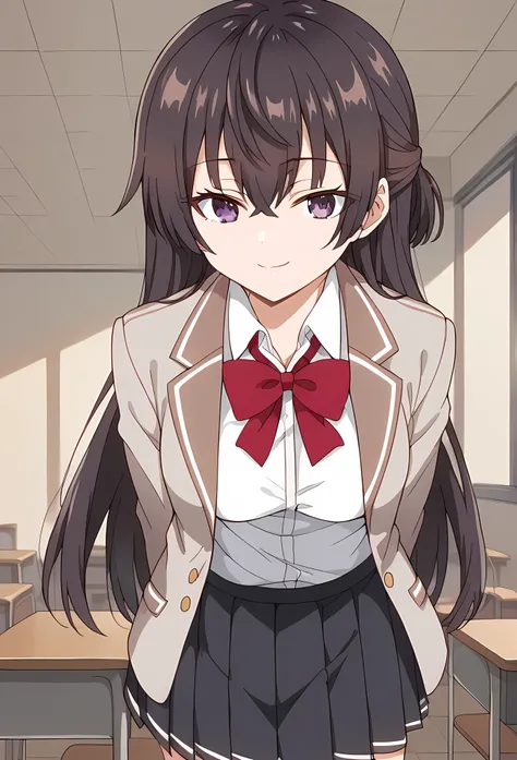 Score_9, Score_8_up, Score_7_up, ASCII masterpiece, source_anime, BREAK, 1girl, solo, 
yukisuou, yukisuou, long hair, bangs, brown hair, black hair, hair between the eyes, purple eyes, half up, , shirt, bow, school uniform , jacket, white shirt, collared s...