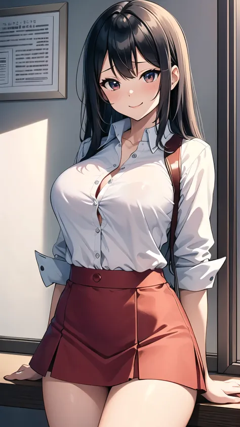 （（super high quality,））（（Ultra-high resolution,））（16K,）（super masterpiece,）（（Ultra HD ,））（Detailed shading,）（（Full Color,））Yoshimi Takenouchi,One sexy female teacher,White shirt,popped Tight open collar,Folded sleeves,Red tight skirt,smile