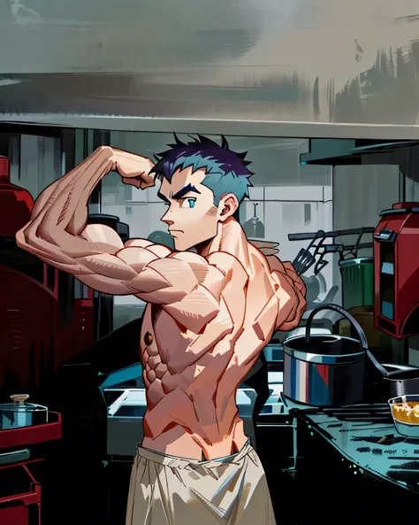 arafed man flexing his muscles in a messy kitchen, posing and flexing, 2 , 2 , 2 , 2 , fit pic, full growth from the back, 2 , 2 , flexing, 3 , muscular!!!, muscular!!, fully body posingHD, (best detail), (best quality), Two-dimensional, cartoon,