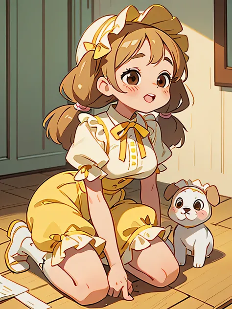 Pretty girl with brown eyes, and beige hair in pigtails, big lips, nice breasts, and big hips, wearing a frilly yellow baby bonnet, a frilly yellow romper, wearing a frilly white diaper, white stockings, kneeling on the floor, holding a puppy, laughing