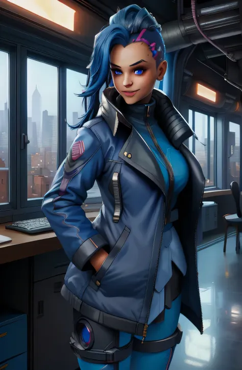 Shadow, Blue Hair, Asymmetrical hair, Two-tone hair , Blue eyes, Hair Cable, Hair to the side, smile, Elbow hand pockets, Blue jacket, pantyhose, Are standing, Upper Body, night, city, indoor, Computer (Very detailed, Beautifully detailed face, Beautiful a...