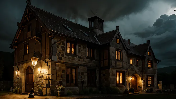 Gothic medieval hotel, with cloudy weather, and with burning lamps, stone walls, wooden doors and details