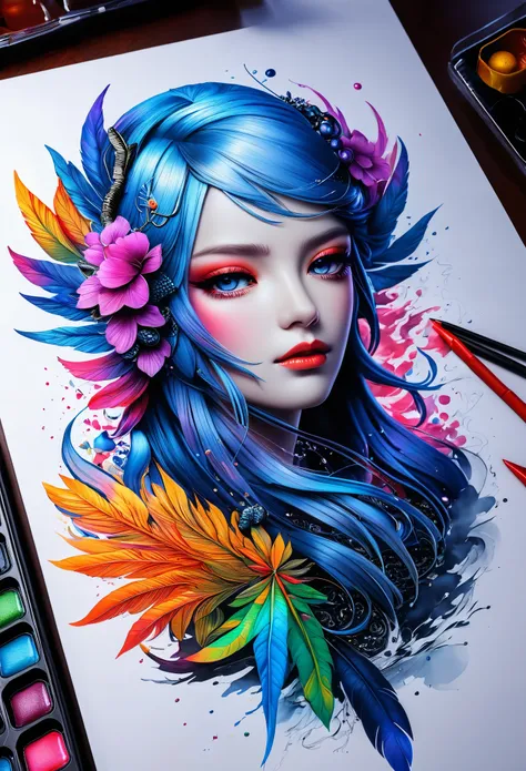 Draw stunning ultra-high-definition ink-style 4D characters, A holographic effect that seems to have come out of a drawing, extremely detailed drawing, Surreal, Fine details. Truly amazing work, Pleasant and emotional work, Bright colors