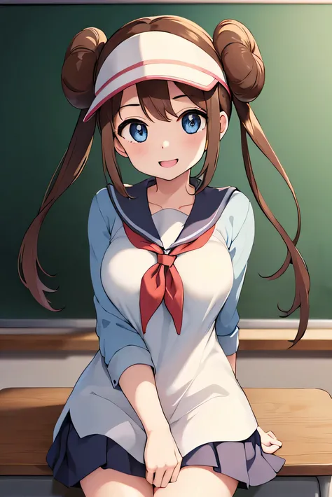 score_9、score_7_up、Source Anime、masterpiece、Highest quality、High resolution、B1、Hair Bun、blue eyes、Twin tails、Under the visor cap、Cowboy Shot、Close one eye、looking at the camera、smile、Open your mouth、Medium breast、Blunt Bangs、Long Hair、Brown Hair、1 girl、sch...