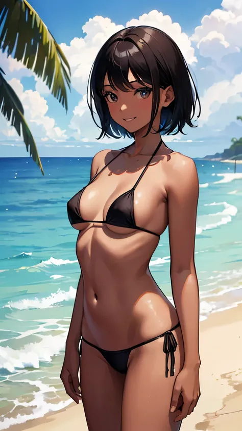 (((4K, masterpiece, Highest quality))), Ocean, Young Woman, Height 175cm, Are standing, Small Head, (Provocative smile), short hair, Black Hair, (swimsuit), (Chocolate brown skin), ((on the beach)), (((micro bikini)))
