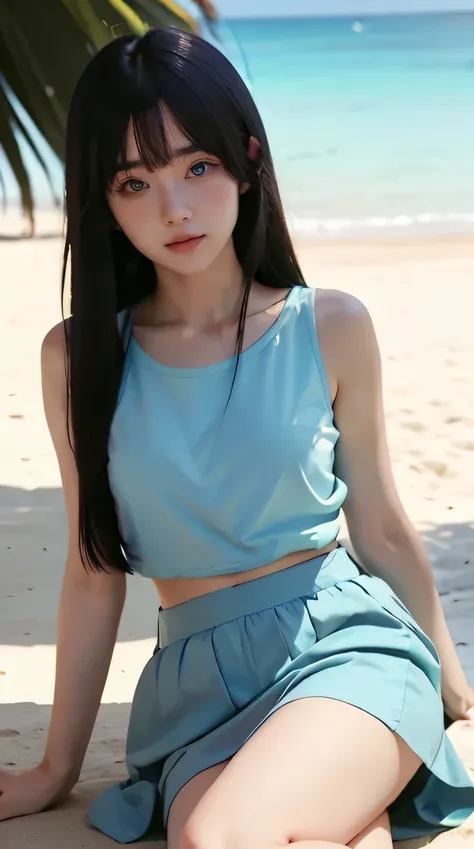 A vibrant anime-style scene featuring a confident, flirty young woman with long, flowing hair and a playful smirk. She’s lounging at the edge of a beach, wearing a short, breezy skirt and a fitted, stylish top. Her relaxed pose causes a slight reveal of he...