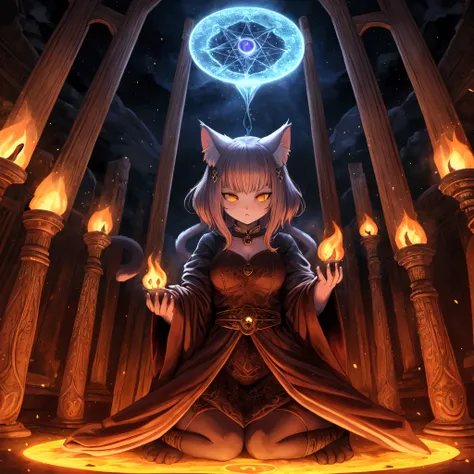 Nekomancer female cat, magical, summoning, dark forces, intricate background 