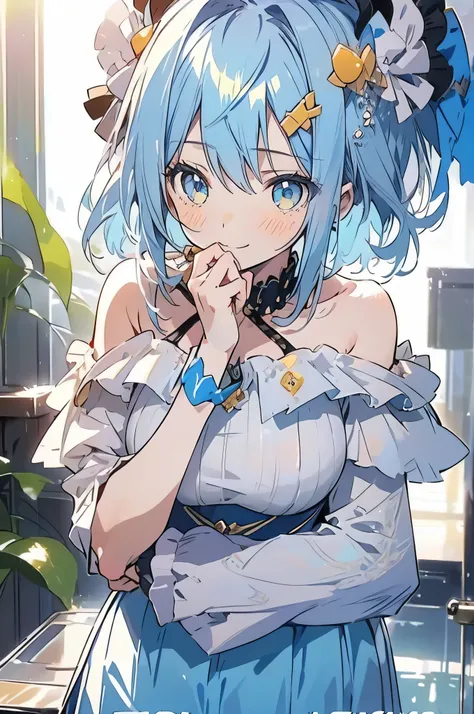 1 girl, solo, long light blue hair, yellow/golden eyes, wearing white ruffled off-the-shoulder blouse, a V-neckline, and an blue skirt. girl is giving cheerful pose