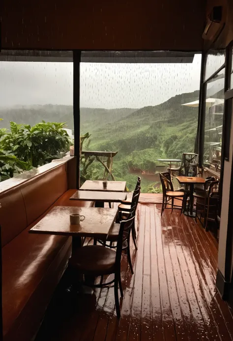 Inside the coffee shop, rain, Highest quality 