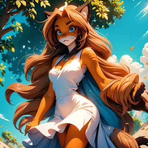 a cute female anthro, twokinds, laura twokinds, orange fur, blue eyes, fox girl, furry arms, furry chest, white dress,