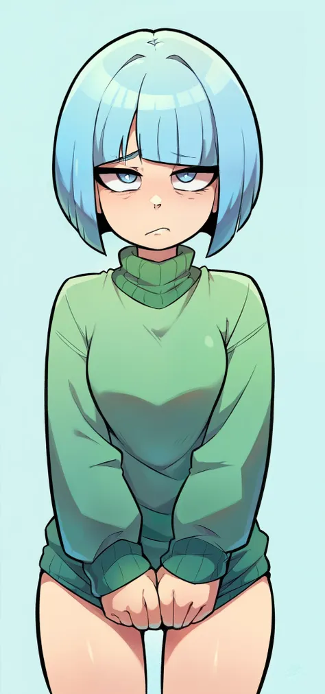 kizi, hair light blue, short hair bob cut, with bangs, green sweater, expression of sadness, depressive, eyes large, blue colore...