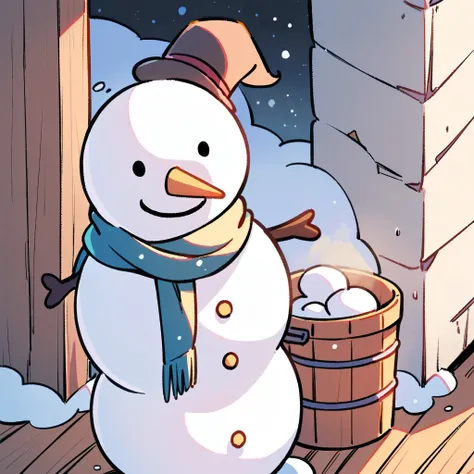Snowman wearing a scarf and a bucket