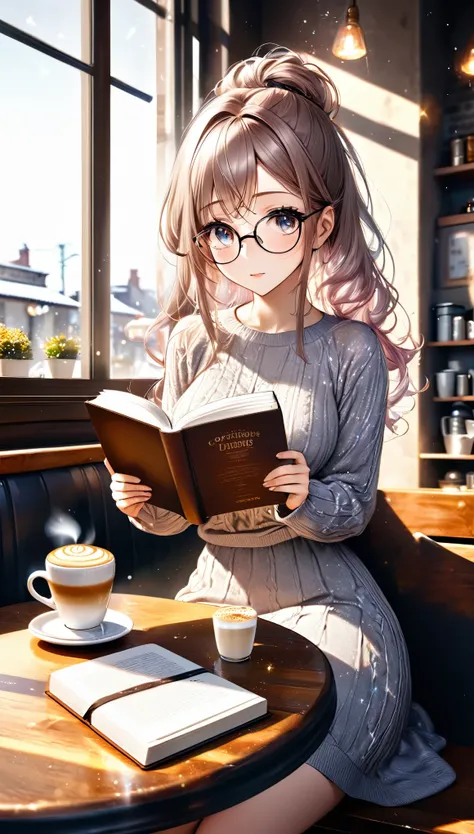 intelligent beautiful woman, glasses, sitting at a window seat in a cafe and reading a book, cappuccino on the table, striking eyes, glossy silky messy half-up hair, amorous and lewd expression, wearing loose knit dress, perfect proportions, light effects,...