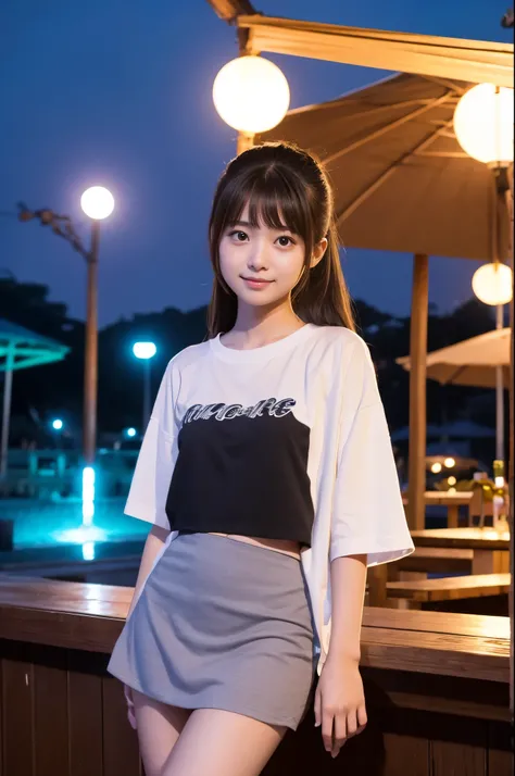 A girl (Twenty years old, Japanese cute face) are wearing Tshirts, mini skirt at the moon night beach bar