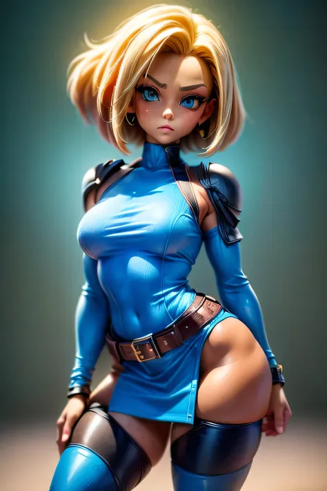 ((best quality)), ((masterpiece)), (detailed: 1.4), (absurd),"a full-body depiction of android 18 from dragon ball, capturing he...