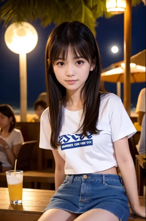 A girl (Twenty years old, Japanese cute face) are wearing Tshirts, mini skirt at the moon night beach bar