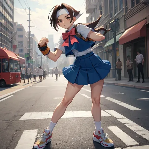 masterpiece, best quality, wakabahinata, headband, white shirt, bow, blue vest, pleated skirt, fingerless gloves, socks, sneakers, looking at viewer, standing, fighting stance, fists, furrowed brow,city street,one girl