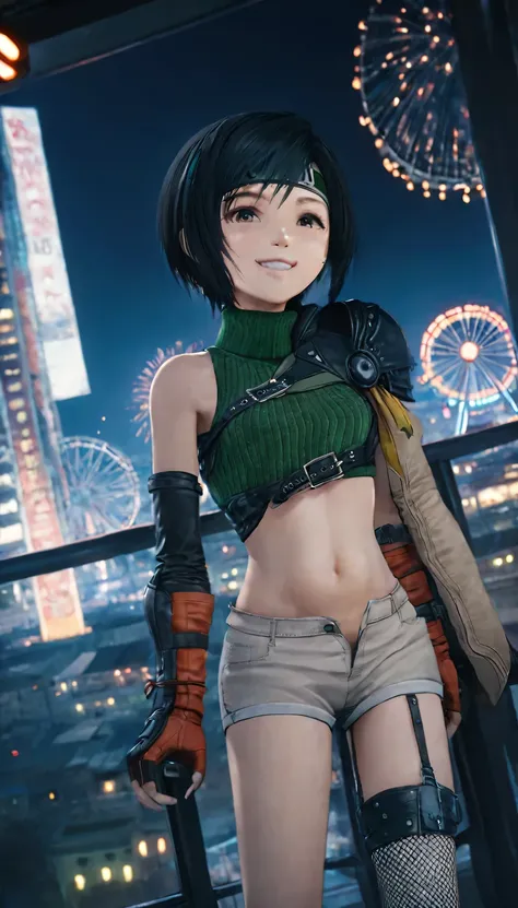 
(fireworkが打ち上がる)、(On the Ferris wheel at night)、(grin)、yuffie kisaragi, a distinctive character from the game world of Final Fantasy, 前かがみになって、顔を近づける、((Angle from below)), 赤い頬、known for her black hair and brown eyes. She sports a short pixie cut and is dr...