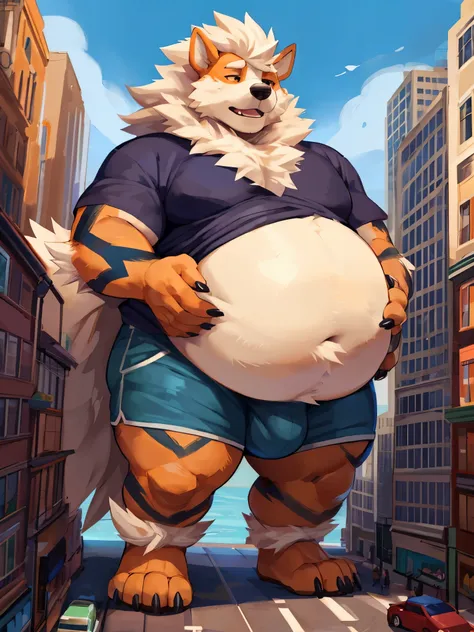 (two characters),4k ultra quality, 4k half body view,ultra high detailed body,kemono (arcanine),cute face,wide body,charming body,chubby body,chubby face,shiny fur, big belly, (round belly), hyper belly, enormous belly, enormous body,by mystikfox61, by gli...