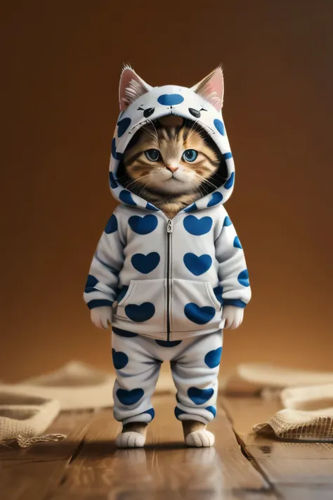 high quality、4k、kitten in skeleton pajamas、are standing、laughing、wearing a hood